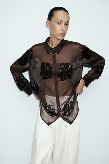 SEQUINNED BEADED SHIRT - Brown by Zara