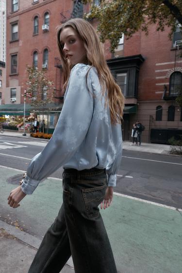 CHEMISE SATINÉE JACQUARD AVEC NŒUD - Bleu clair de Zara - Image 3