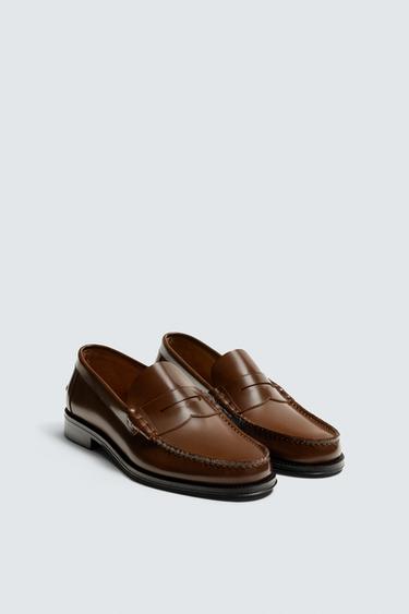 LEATHER PENNY LOAFERS - Cognac Brown by Zara