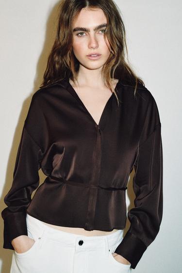 Zara BELTED SATIN EFFECT BLOUSE - Brown