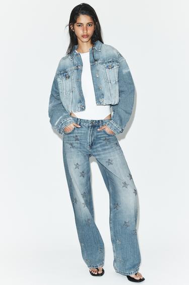 Zara TRF WIDE LEG RHINESTONE LOW RISE JEANS - Blue