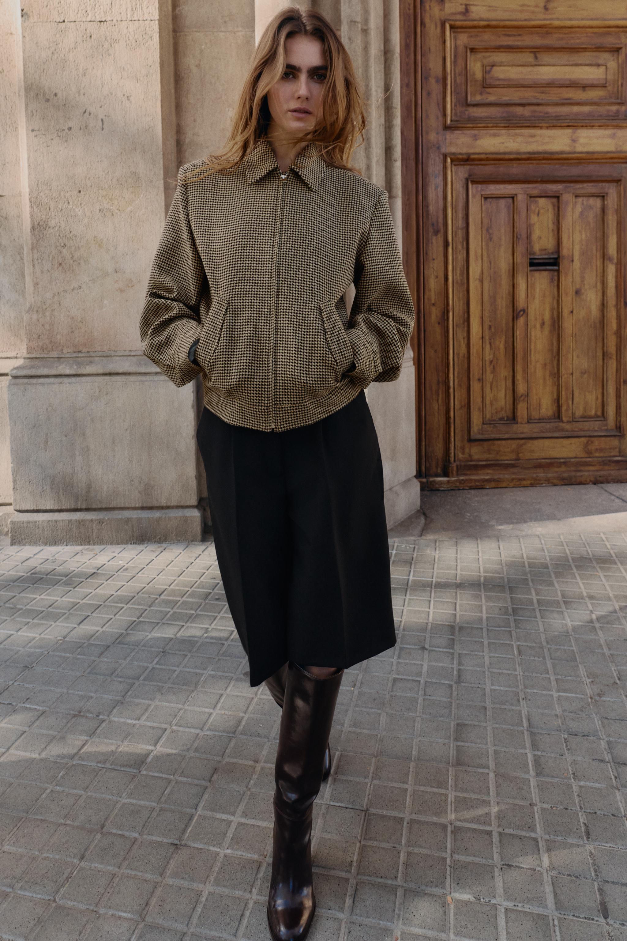 HOUNDSTOOTH BOMBER JACKET WITH SHOULDER PADS