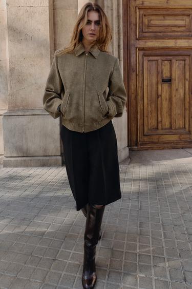 HOUNDSTOOTH BOMBER JACKET WITH SHOULDER PADS - Black / Brown by Zara