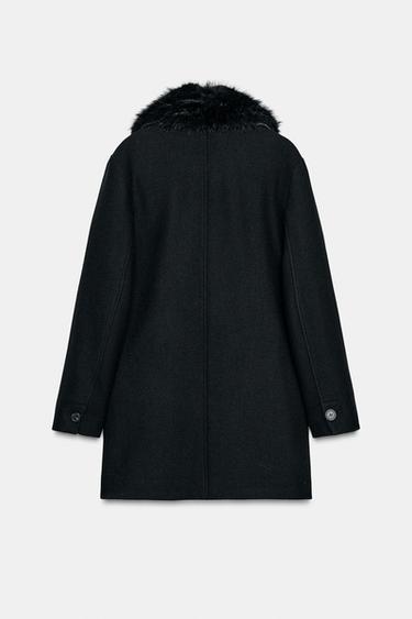 CROPPED WOOL COAT WITH FAUX FUR LAPEL - Black by Zara - Image 8