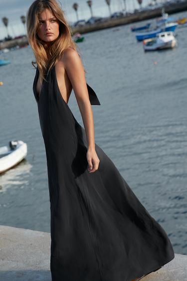 Zara HALTER TIE MIDI DRESS - Black