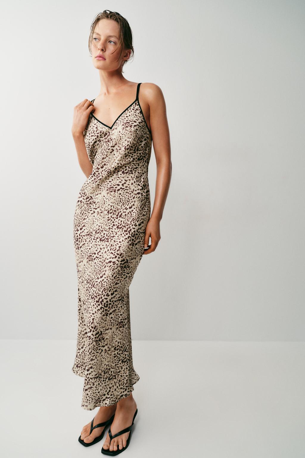 Zara ANIMAL PRINT SATIN SLIP MIDI DRESS