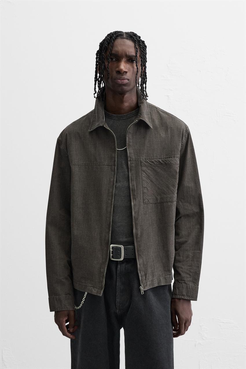 チェック柄コンビネーションボンバージャケット - ブラウン | ZARA
