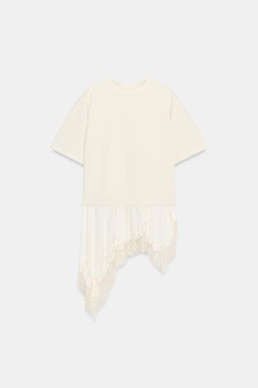 T-SHIRT WITH LACE DETAIL - Ecru by Zara