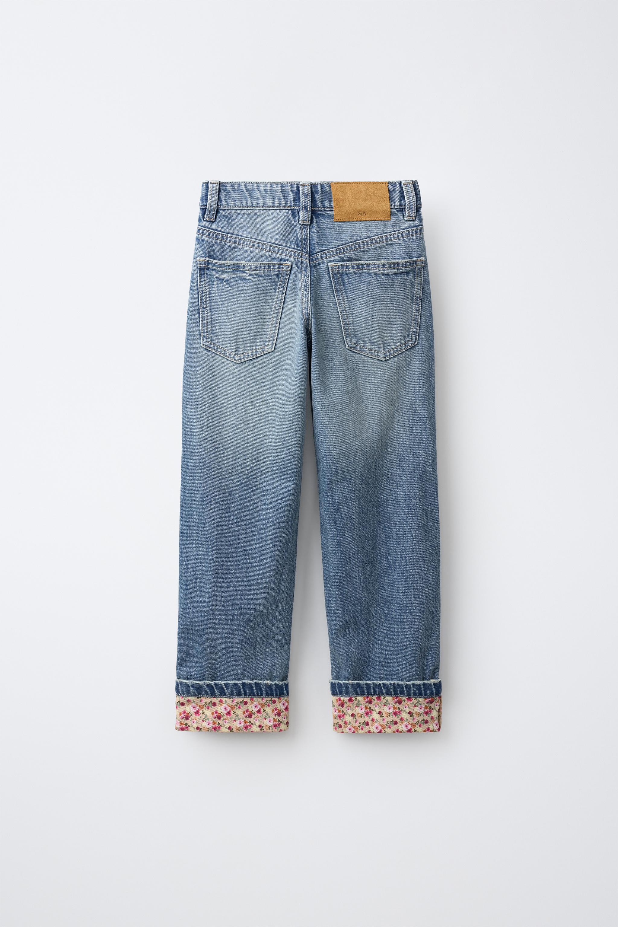 FLORAL PRINT CUFF JEANS — Blue