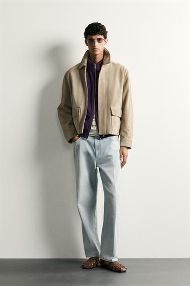 CAZADORA PIEL RELAXED FIT BOLSILLO - Gris topo de Zara - Imagen 0