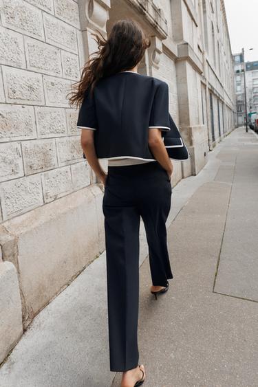 PANTALON DROIT TAILLE CONTRASTE - Bleu marine de Zara - Image 4