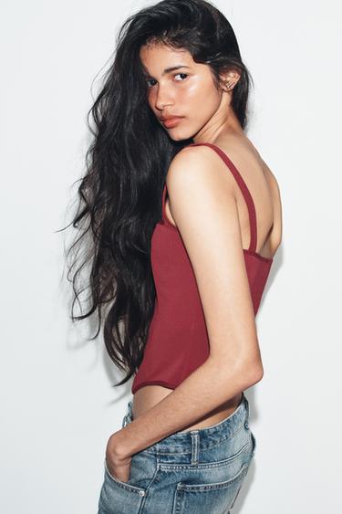 STRETCH CORSETRY-INSPIRED TOP - Dark red by Zara - Image 3