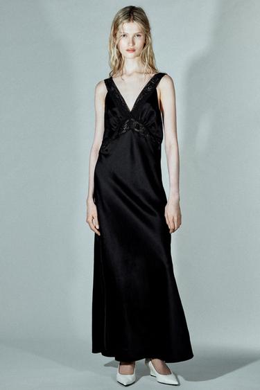 Zara SATIN LACE DRESS ZW COLLECTION - Black