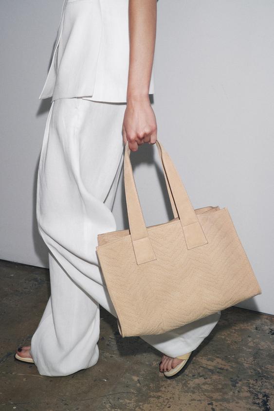 WOVEN SPLIT LEATHER SHOPPER BAG