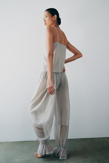 ELASTICATED LACE TRIM KNIT TOP - Grey by Zara