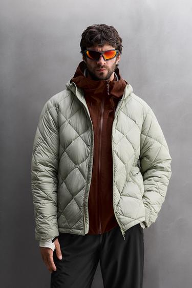 Zara 100% FEATHER HOODED PUFFER JACKET - Light green