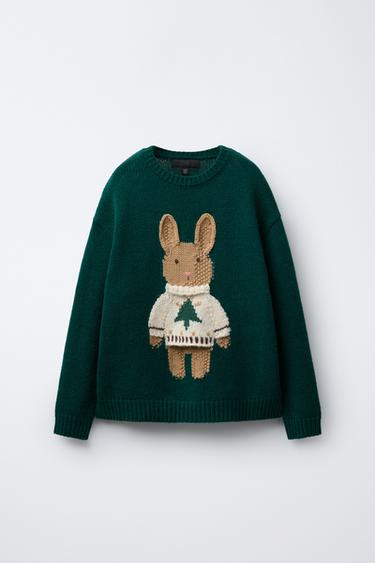 7-12 YEARS / WOOL BLEND KNIT JUMPER WITH EMBROIDERED BUNNY - Green by Zara