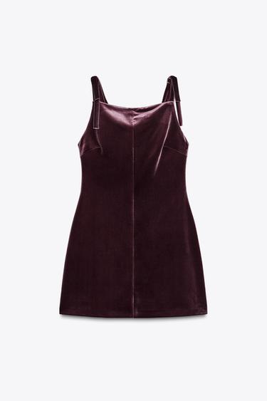 Zara VELVET MINI DRESS WITH TIES - Maroon
