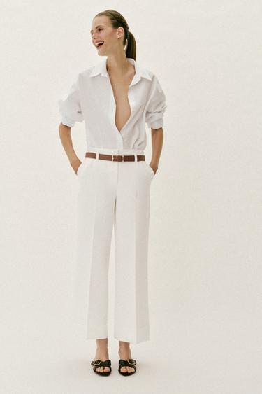 PANTALÓN BAJO VUELTA CINTURÓN - Blanco de Zara