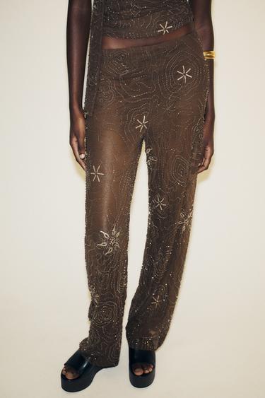 Zara BEADED SEQUIN PANTS - Chocolate