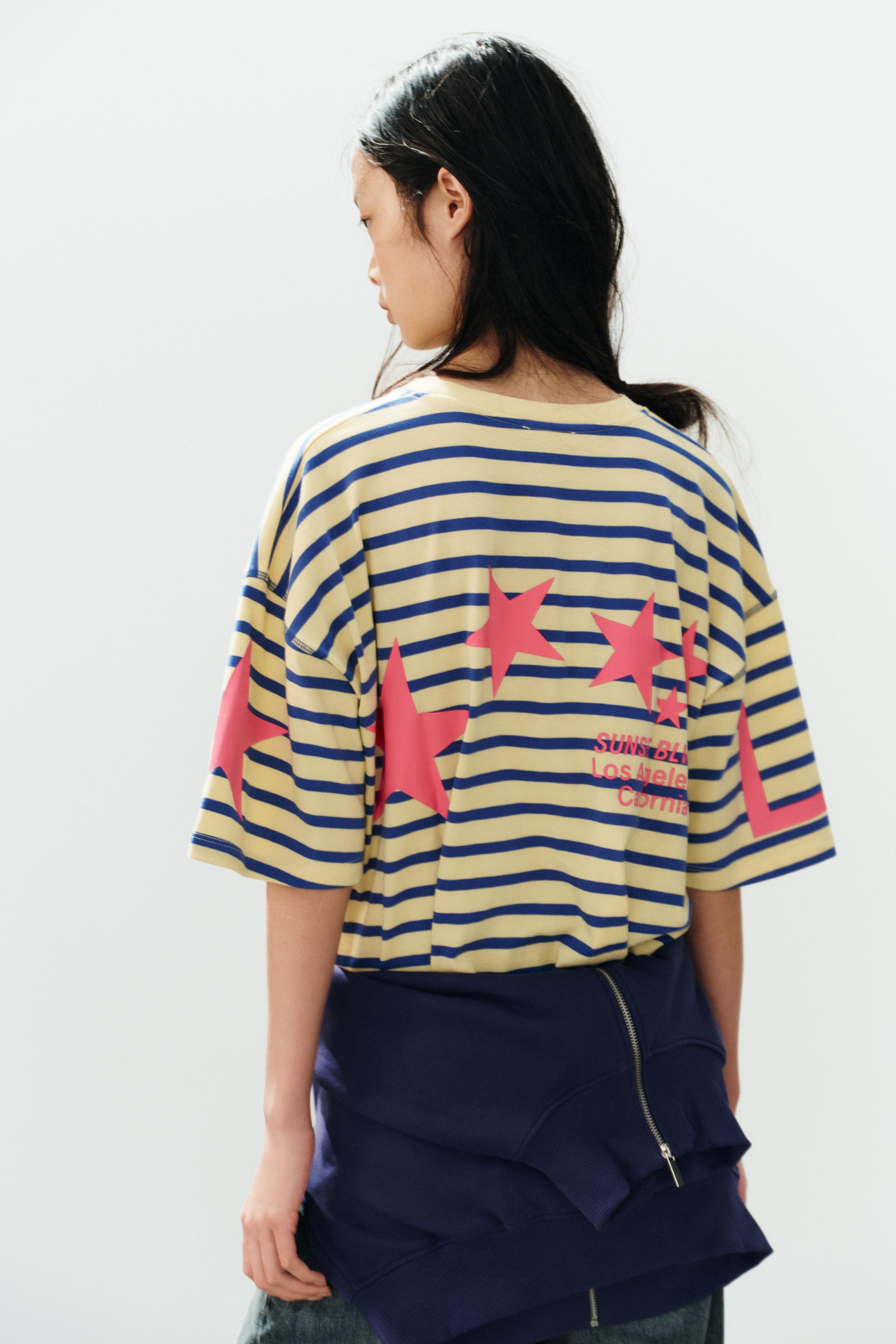 Zara ÇİZGİLİ VE YAZILI OVERSIZE T-SHIRT görsel 4