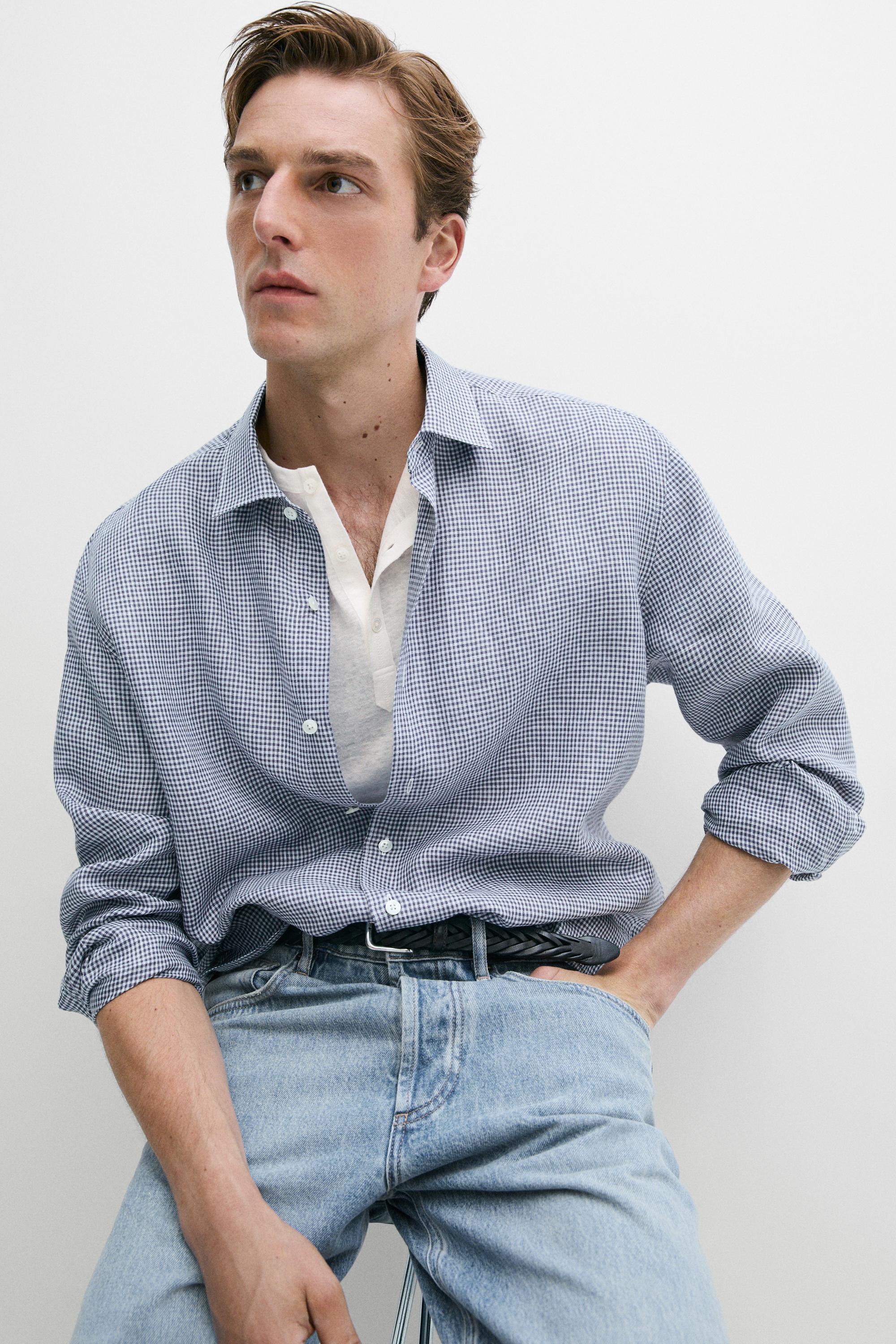 100% linen regular fit gingham shirt