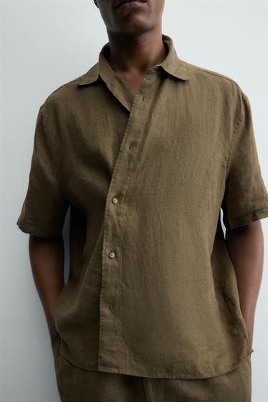 100% LINEN RELAXED FIT SHIRT - Dark khaki by Zara - Image 4