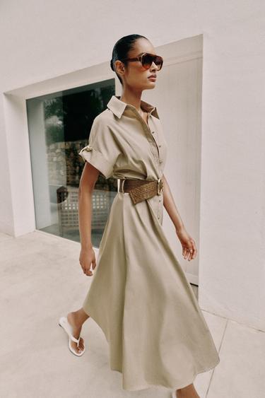 GAUN MIDI POPELIN DENGAN SABUK - Beige muda dari Zara