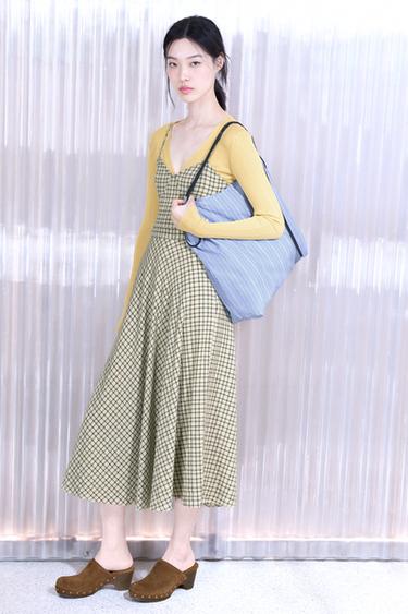 Zara 格紋細肩帶中長版連身裙 - 黃色