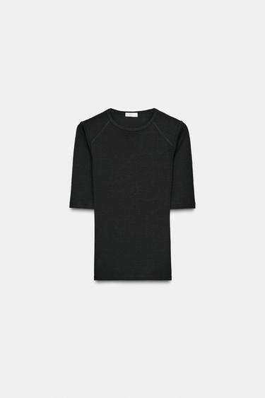 Zara RIBBED T-SHIRT - Black