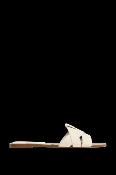 Zara FLAT CROSSED LEATHER SANDALS - White - Image 0