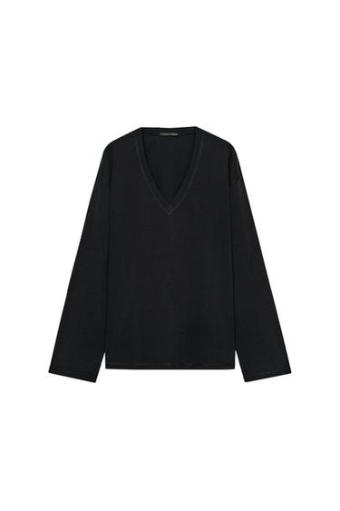 Zara COTTON V-NECK T-SHIRT - Black