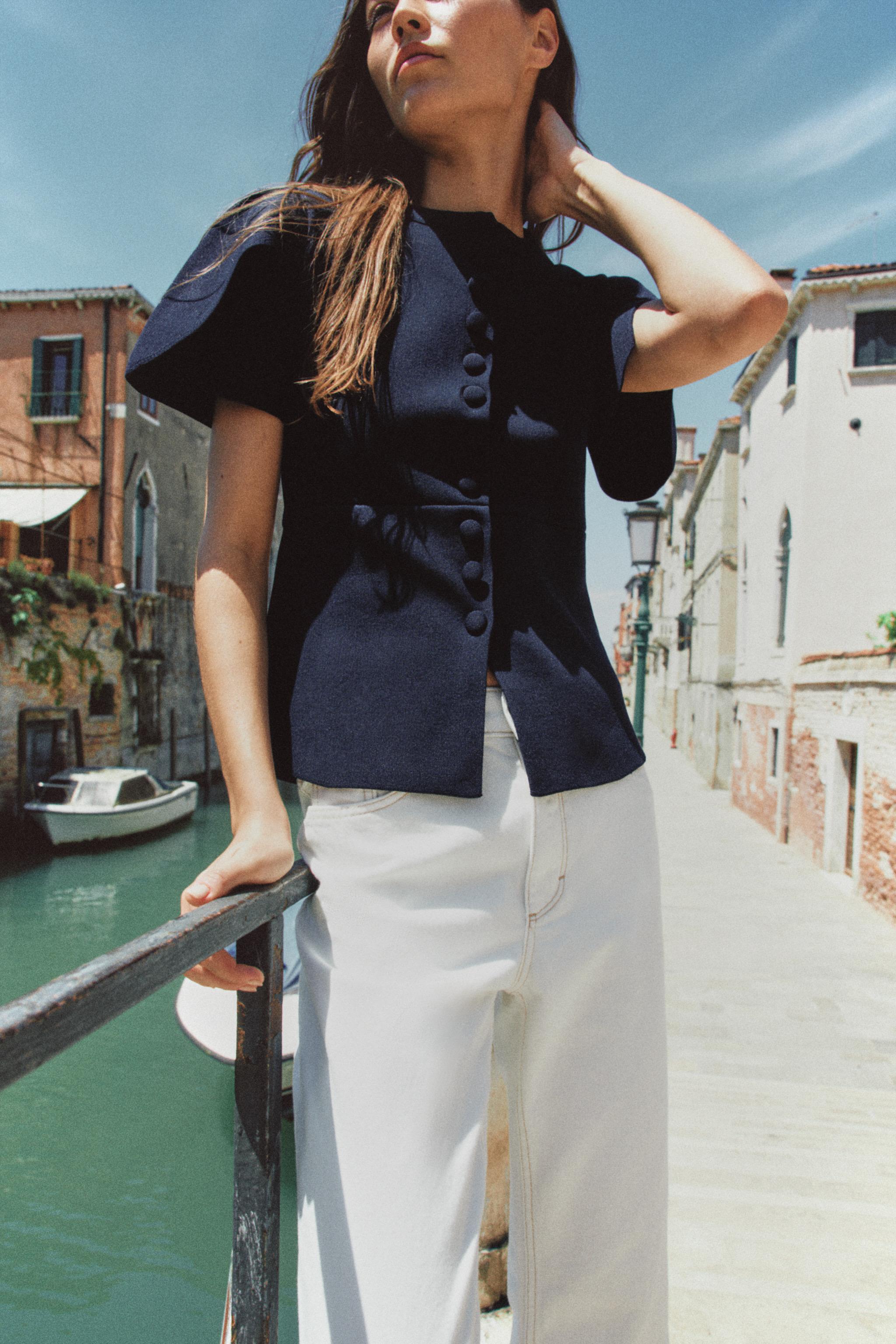 PUFF SLEEVE CARDIGAN WITH SLITS — Navy blue (alternate view)