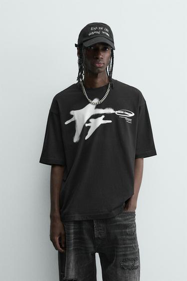 Zara CONTRAST PRINT T-SHIRT - Black