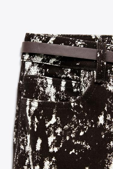 Zara Z1975 HIGH RISE FLOCKED ANIMAL PRINT BELTED JEANS - Brown / White