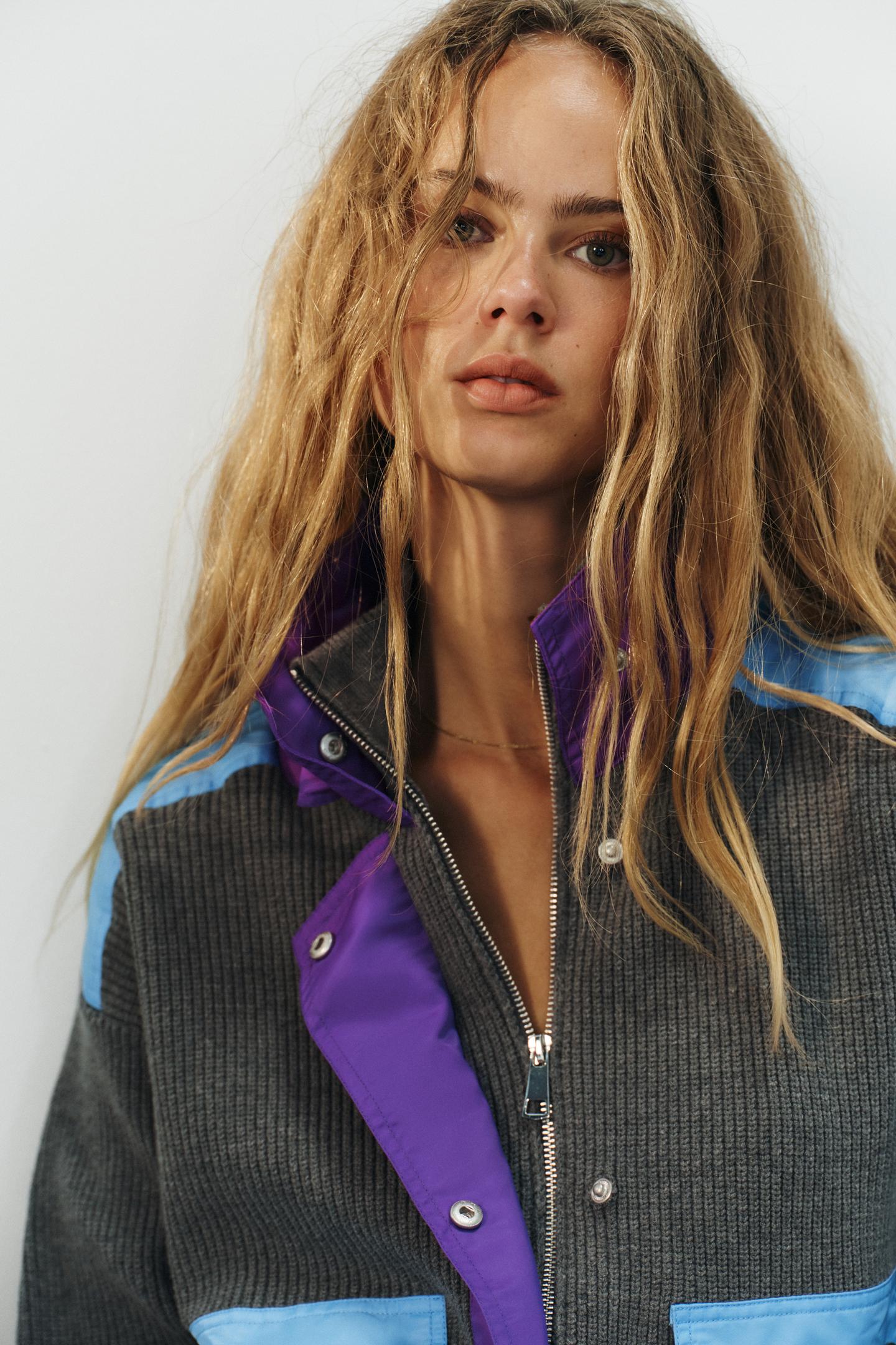 Женская куртка Zara Combined Knit, цвет: Серый — фото 4