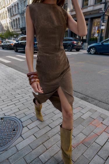 100% LEATHER MIDI DRESS - Khaki by Zara - Image 4