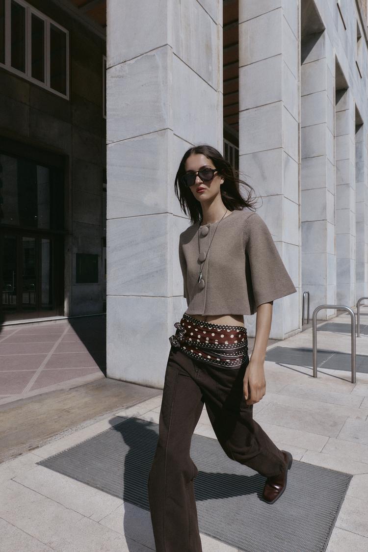 COVERED BUTTON KNIT CARDIGAN Brown Taupe ZARA India