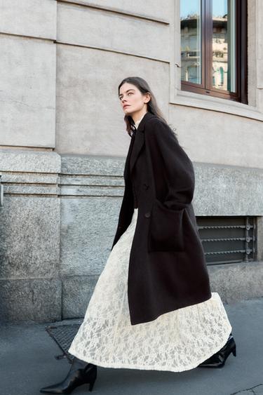 Zara LONG DOUBLE-BREASTED WOOL COAT - Brown