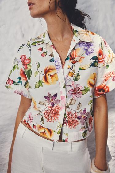 Zara FLORAL PRINT POPLIN SHORT SHIRT - Multicolored