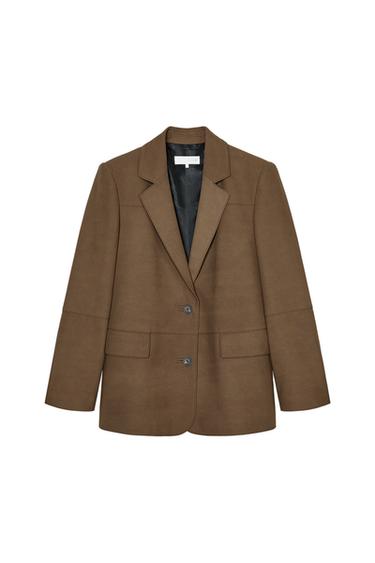 Front view of a brown jacket with lapels and two buttons.