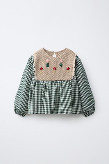 CHECKED SHIRT WITH EMBROIDERED DETAIL — Green 1