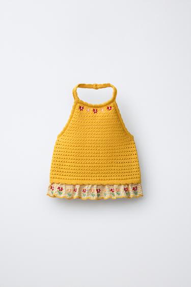 KNIT HALTER TOP WITH FLORAL EMBROIDERY - Yellow by Zara - Image 0