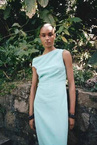 ROBE MIDI ASYMÉTRIQUE DÉCOR AVEC LIN - Turquoise de Zara - Image 1