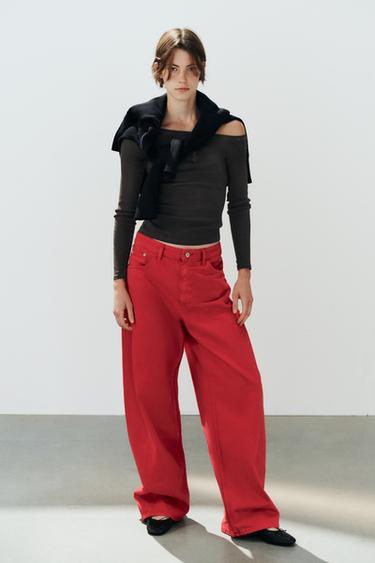 Zara TRF MID-RISE BAGGY OVERSIZE SEAMED JEANS - Red