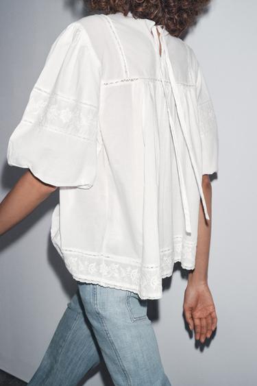 Zara ZW COLLECTION EMBROIDERED ROMANTIC BLOUSE - Oyster-white