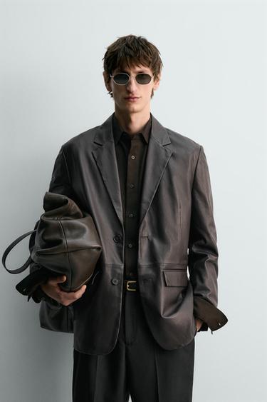 Zara LIMITED EDITION LEATHER BLAZER - Brown
