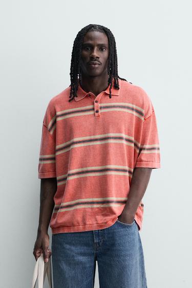 RELAXED FIT STRIPED KNIT POLO SHIRT - Red by Zara