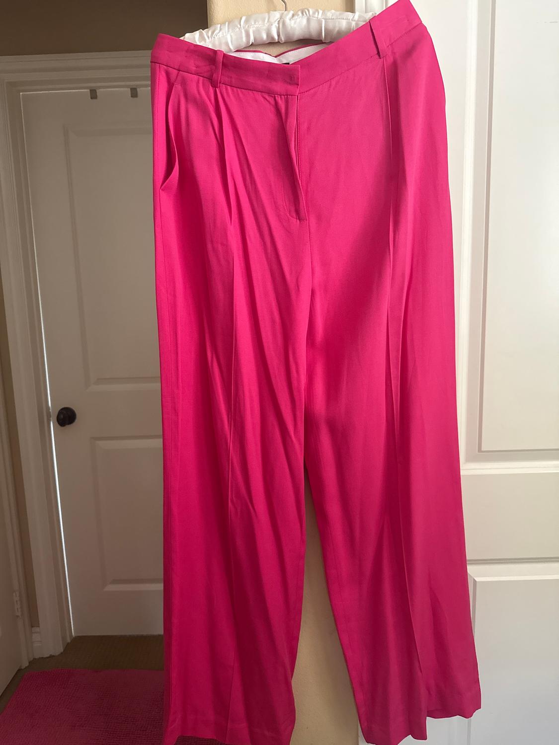Bright pink wide-leg pants hanging on a white hanger, with a background of white doors and a pink rug.