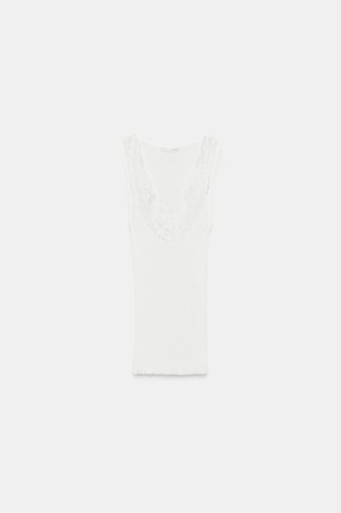 Zara RIBBED LACE T-SHIRT - Oyster-white